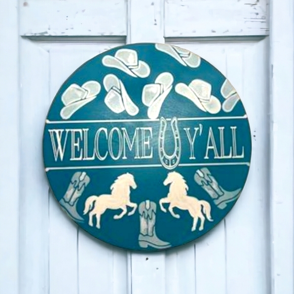 Welcome Y'all: with Cowboy hats, horses, boots. Hand-painted Sign - Picture 1 of 4